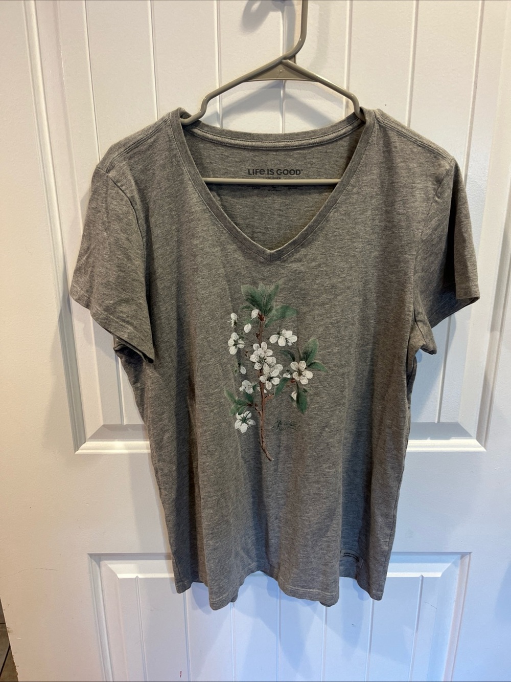Life Is Good Gray V-Neck Tee with White Floral Graphic